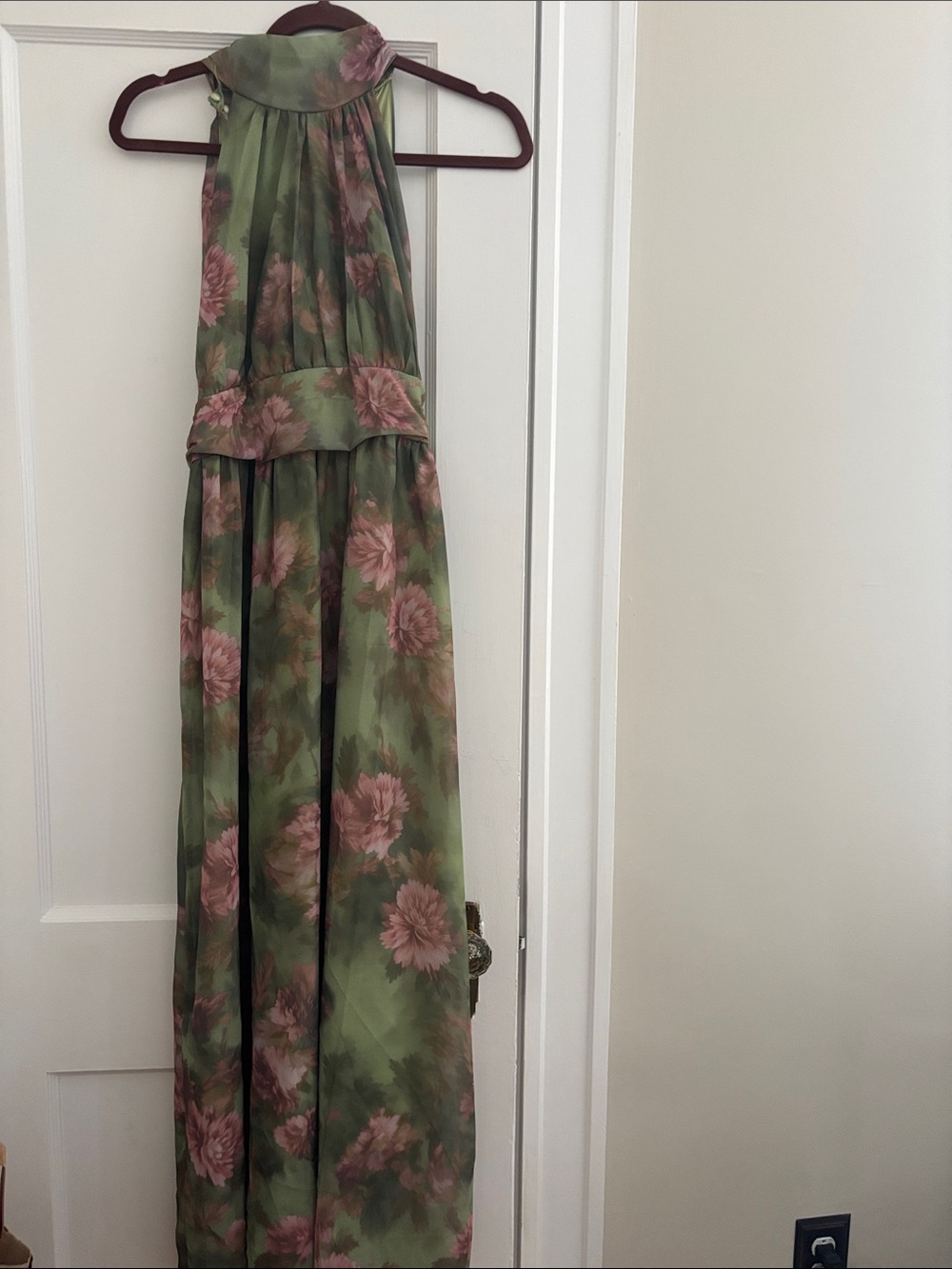 Green Halter Maxi Dress with Pink Floral Print